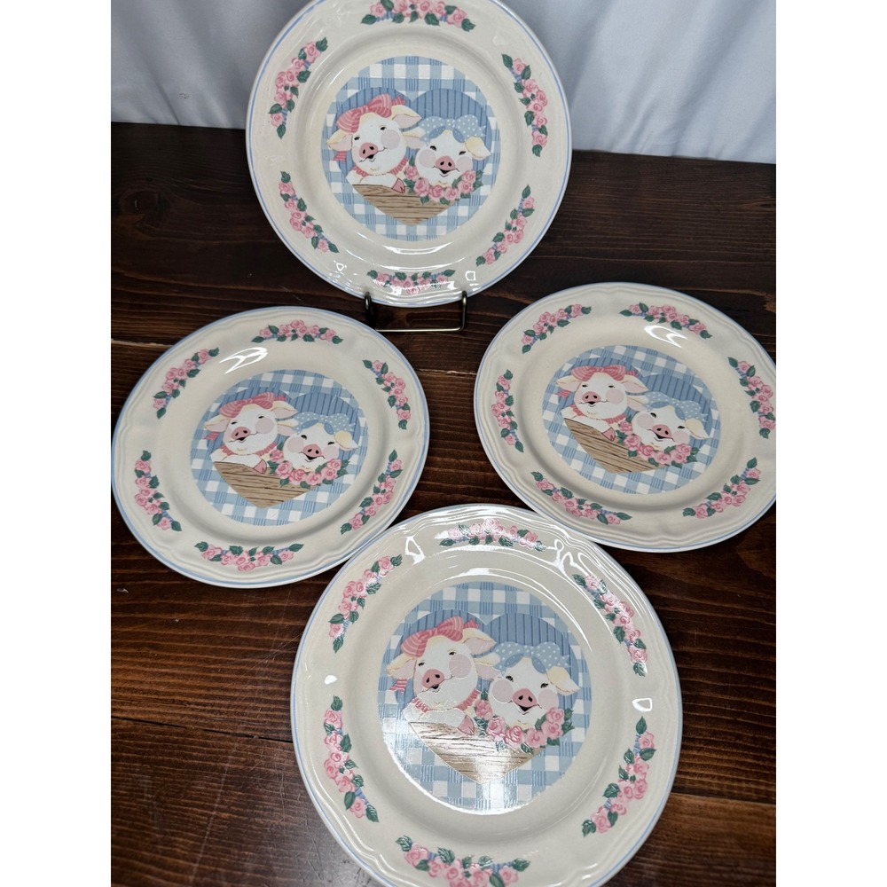 VTG Tienshan Stoneware Pig Pals Salad Plates Set of 4 Country Farmhouse  7.5 in - Picture 7 of 8